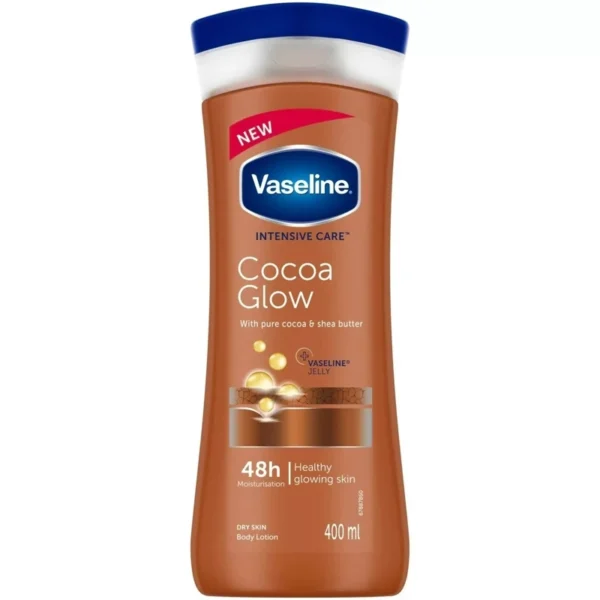 لوسیون بدن کاکائویی وازلین مدل cocoa glow مناسب پوست خشک حجم 400 میلی لیتر