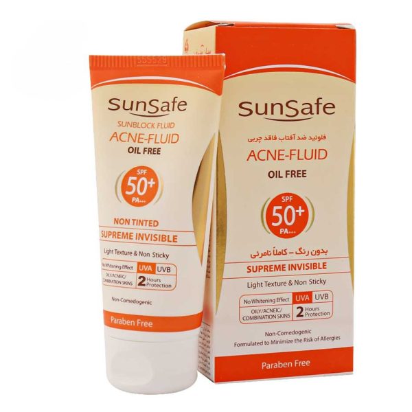 فلوئید ضد آفتاب فاقد چربی پوست چرب و آکنه‌ای بی رنگ SPF50 سان سیف 50 میل